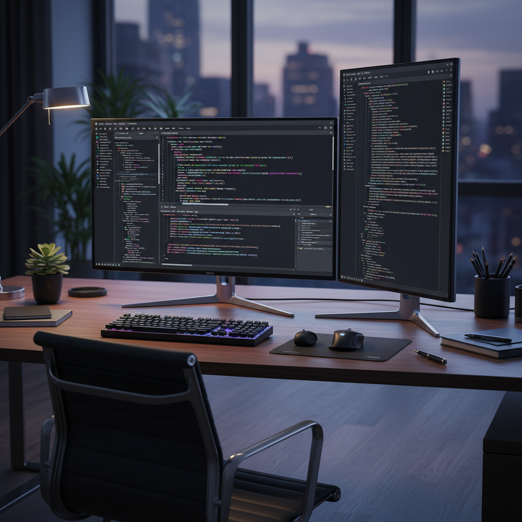 코딩 작업을 위해 하나는 가로 하나는 세로로 배치된 듀얼 모니터 구성이며 화면에는 복잡한 소스 코드와 다크 모드 개발 환경이 실행 중인 전문적인 모습