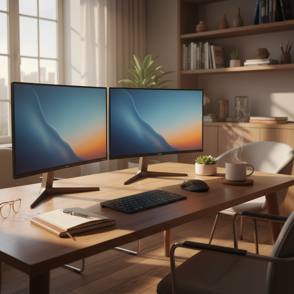 따뜻한 햇살이 들어오는 창가 근처 원목 책상 위의 듀얼 모니터와 세련된 무선 키보드 및 마우스 그리고 옆에 놓인 따뜻한 커피 한 잔이 주는 여유로운 작업 공간
