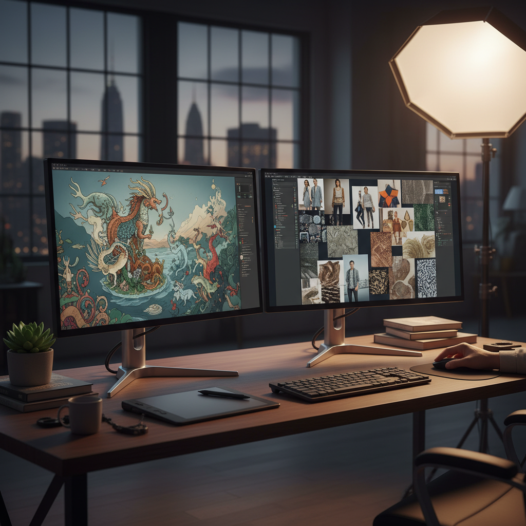 그래픽 디자이너를 위한 고해상도 듀얼 모니터 환경으로 한쪽에는 정교한 일러스트레이션 작업물이 있고 다른 쪽에는 레퍼런스 이미지들이 띄워진 창의적인 스튜디오