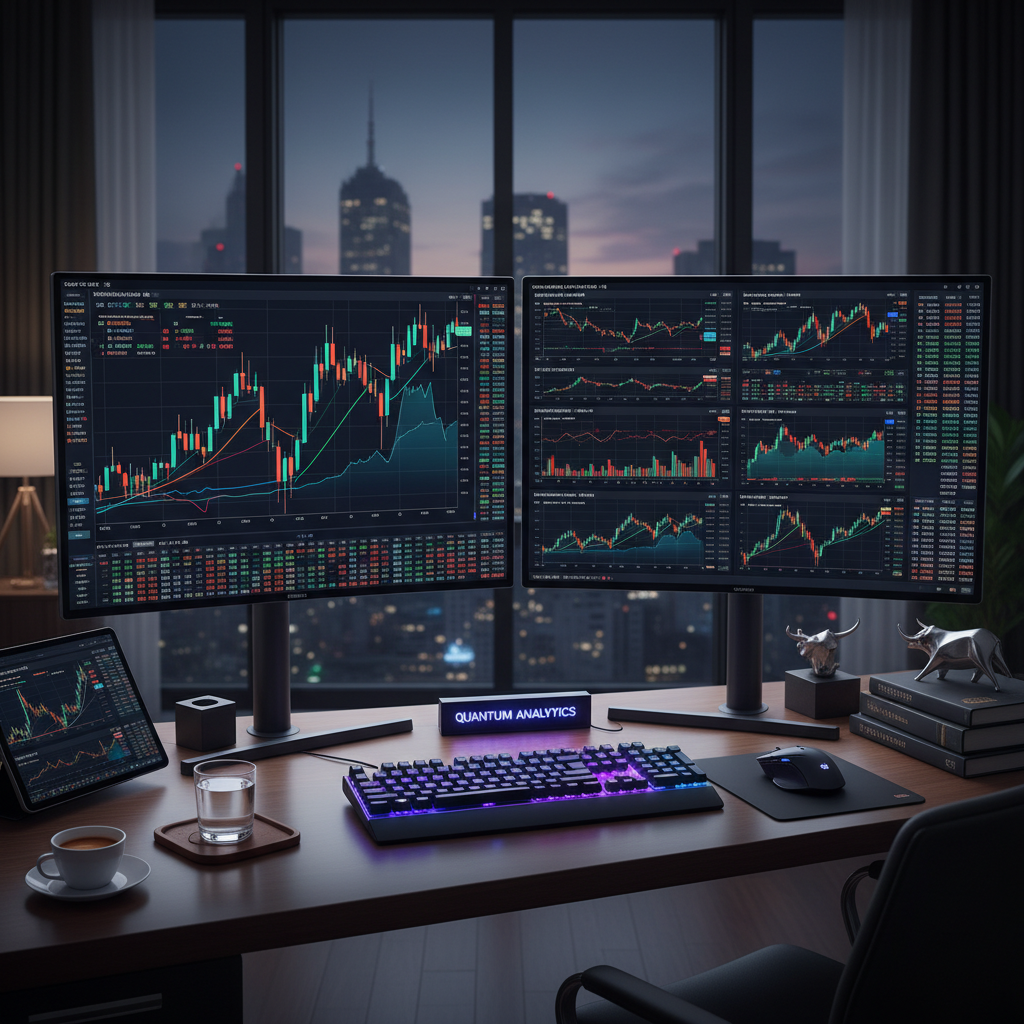 주식 거래와 데이터 분석을 위한 듀얼 모니터 배열로 실시간 그래프와 복잡한 차트가 화면을 가득 채운 전문적인 금융 투자자의 데스크 테리어